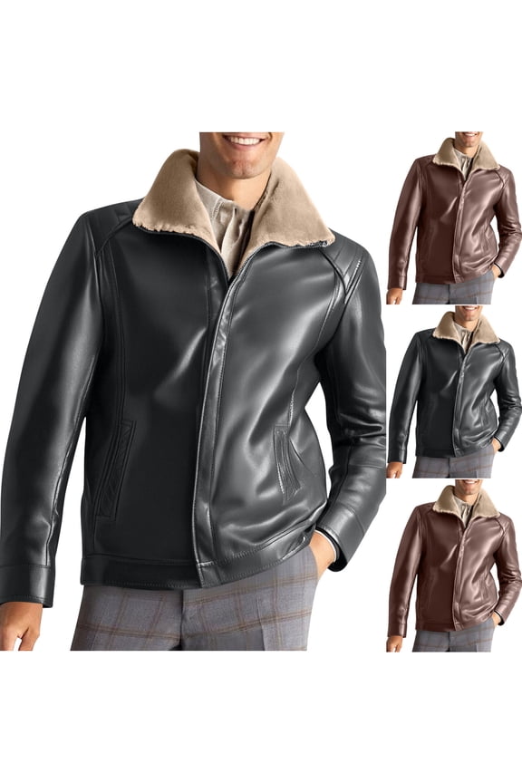 Faux Leather Jacket Men Motorcycle Trendy Winter Coats Long Sleeve Going Out Tops Thickened Warm Fleece Lined Casual Outerwear with Pockets