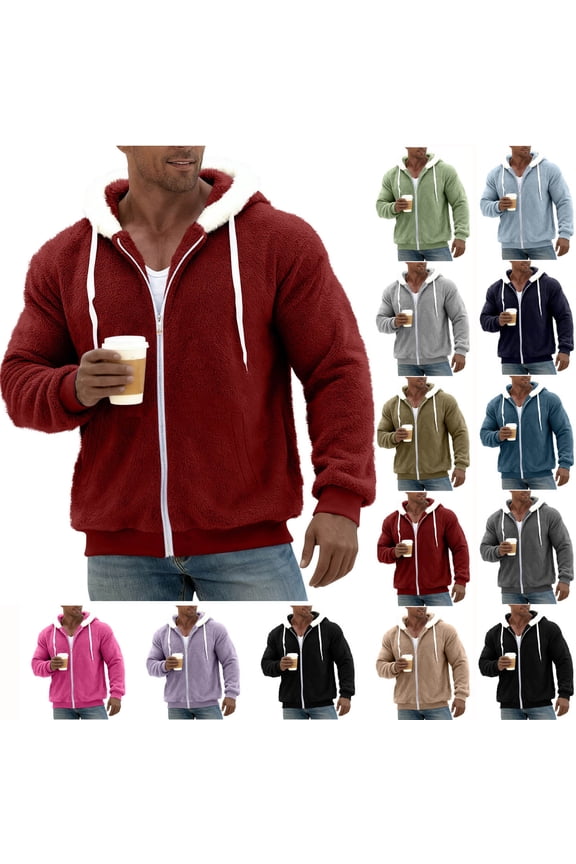 Fleece Hoodie Men Trendy Solid Athletic Zip up Jacket Soft Comfy Warm Long Sleeve Going Out Tops Fall Winter Coats with Pockets Size S