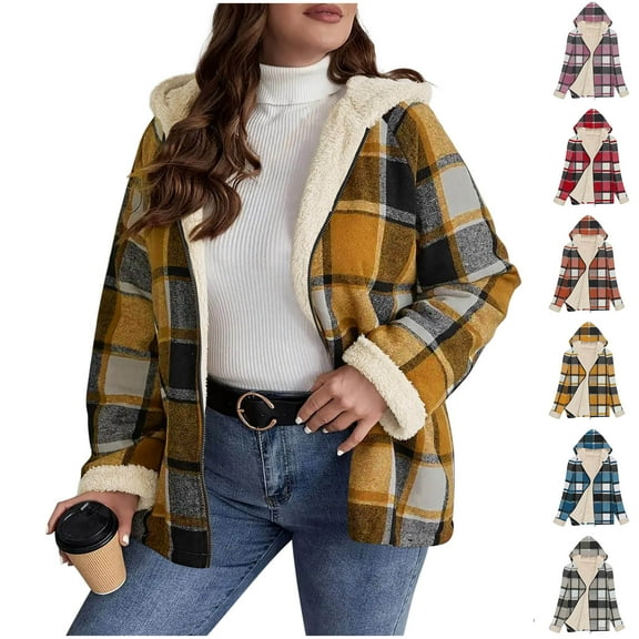 LWITHSZG Fleece Hoodie Women Thickened Warm Plaid Jacket Long Sleeve Going Out Tops Fall Winter Zip up Casual Outerwear with Pockets Size XL