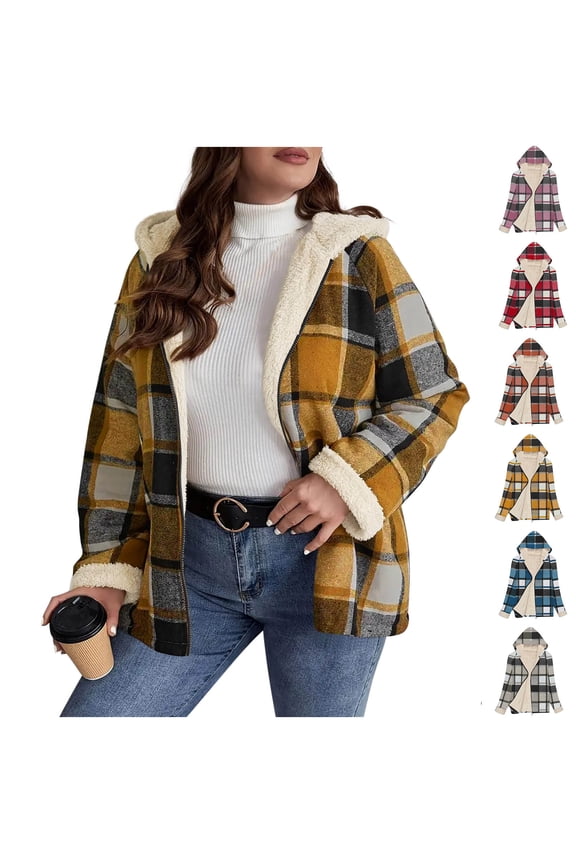 Fleece Hoodie Women Thickened Warm Plaid Jacket Long Sleeve Going Out Tops Fall Winter Zip up Casual Outerwear with Pockets Size XXL