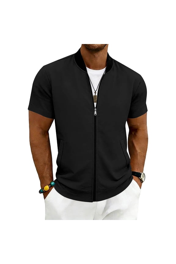 Full Zip up Bomber Jacket Men Summer Short Sleeve Lightweight Jackets Casual Sportswear Going Out Tops with Pockets S-3XL