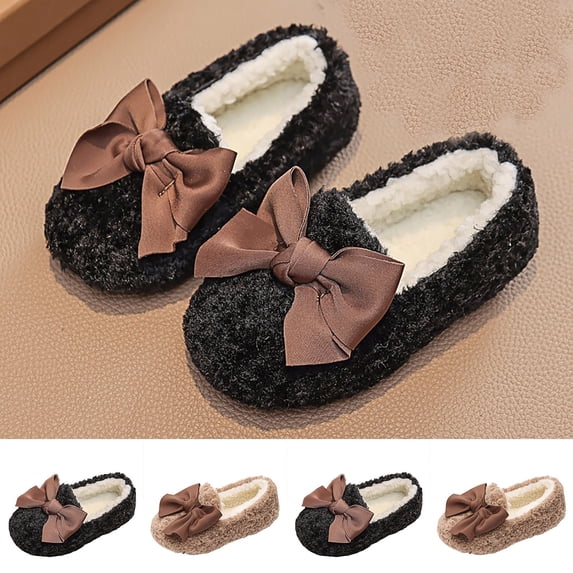 LWITHSZG Girls House Slippers Fuzzy Plush Fleece Lined Leopard Bow Warm Slip On Indoor Outdoor Bedroom Shoes for Kids Size 23