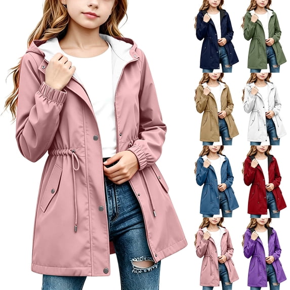 LWITHSZG Girls Rain Jacket Waterproof Windproof Kids Raincoat with Hood & Pockets Mid Length Zip up Winderbreaker Jackets Blue 15 Years