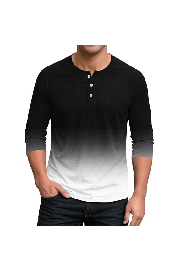 Henley Shirts for Men Fashion Gradient 3/4 Sleeve Tops Fall Winter Clothing Casual Loose Lightweight Button Pullover Sweatshirts Size M