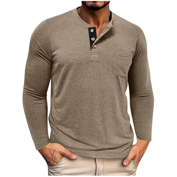LWITHSZG Henley Shirts for Men Casual Loose Long Sleeve Tops Soft Comfy Pullover Fall Fashion Solid Button Basic Tees with Pocket Size L
