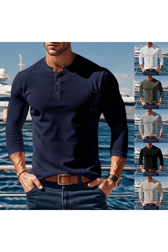 Henley Shirts for Men Trendy Ribbed Knit Long Sleeve Blouses Fall Winter Solid Basic Tees Dressy Casual Button Going Out Tops Size S