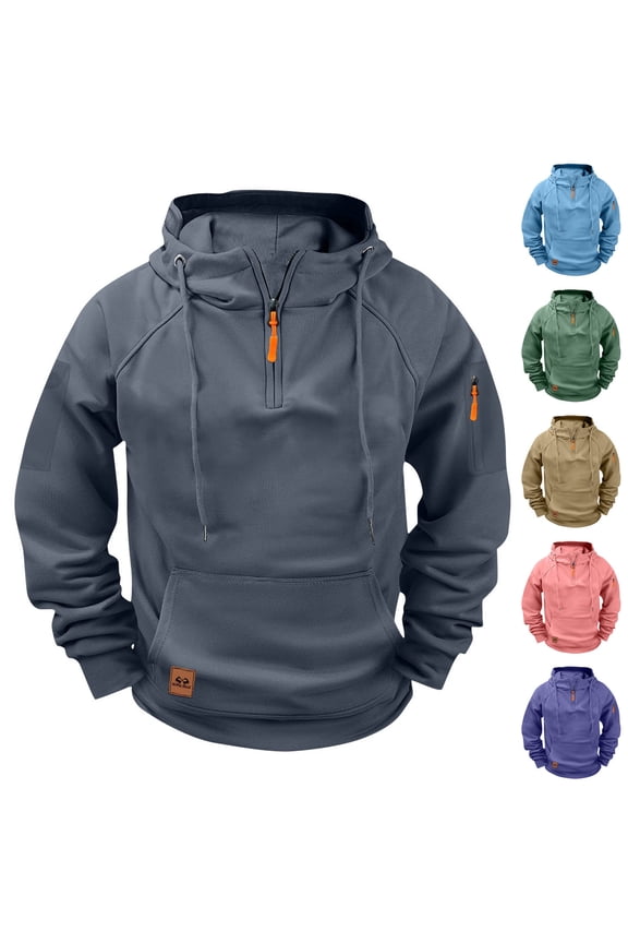 Hoodies for Men Trendy Drawstring Quarter Zip Pullover Fall Winter Warm Long Sleeve Going Out Tops Hooded Sweatshirts with Pockets Size XXL