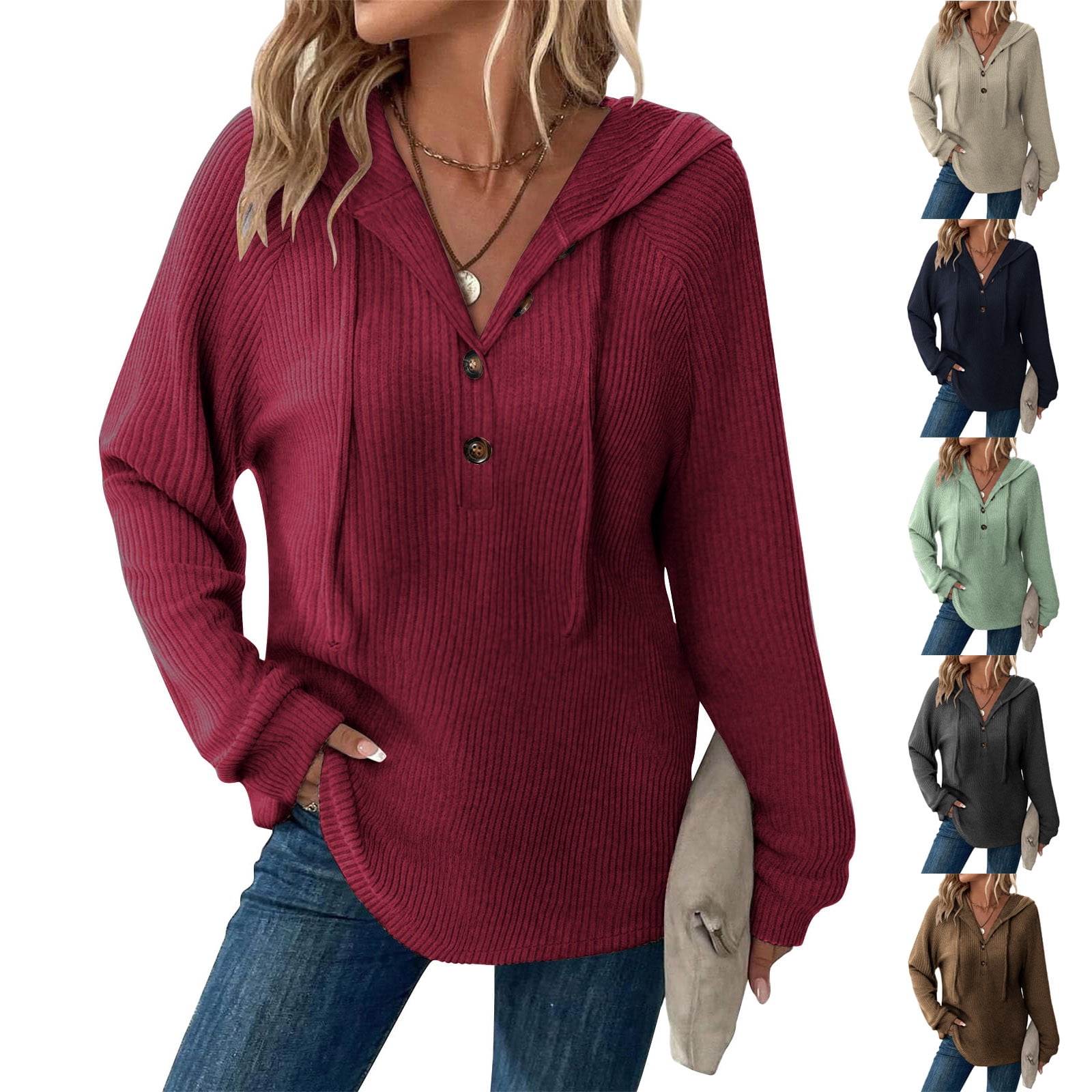 トップス SEESEE BIGNYLON HENLEY DRAWSTRINGS SS LWITHSZG Hoodies for Women Casual Loose V Neck Long Sleeve Henley