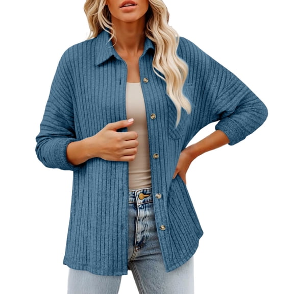 LWITHSZG Jackets for Women Dressy Casual Ribbed Knit Long Sleeve Button Down Shirts Fall Winter Lightweight Cardigan Sweaters with Pocket Size M