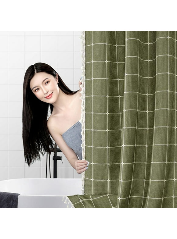 LWITHSZG Linen Textured Cloth Shower Curtain Set with 12 Plastic Hooks, Heavy Duty Farmhouse Boho Tassel Shower Curtain for Bathroom Decorative - 35.5"x71"