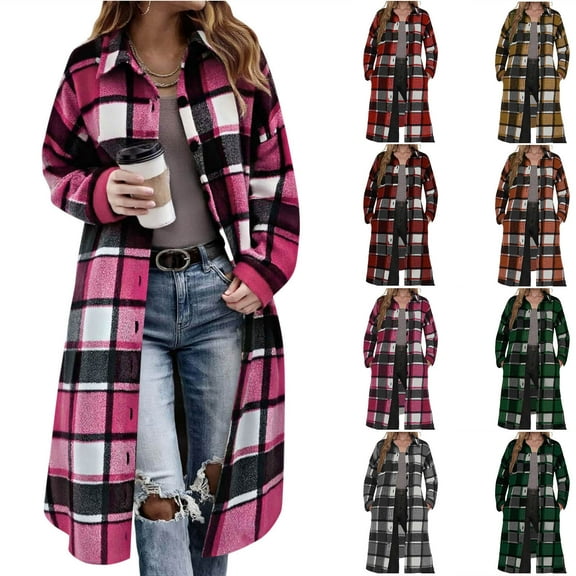 LWITHSZG Long Jackets for Women Dressy Casual Long Sleeve Button Down Plaid Shacket Going Out Tops Fall Winter Fashion Trench Coat with Pockets Size S