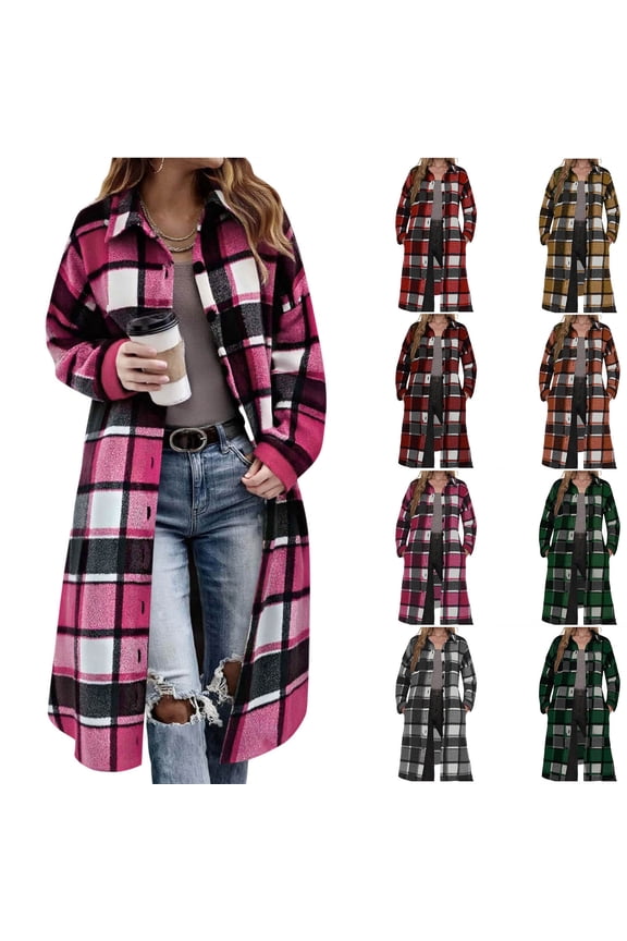 Long Jackets for Women Dressy Casual Long Sleeve Button Down Plaid Shacket Going Out Tops Fall Winter Fashion Trench Coat with Pockets Size XXL