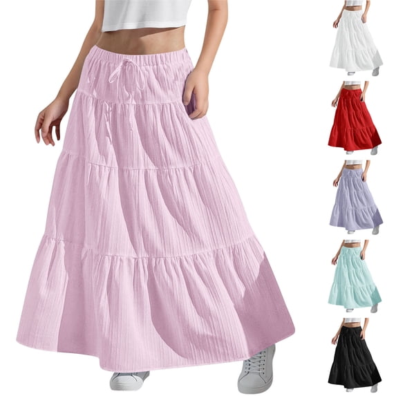 LWITHSZG Long Maxi Skirts for Girls Flowy Ruffle Flared Drawstring Elastic Waist Skirt Going Out Beach Vacation Outfits Size 4-15 Years
