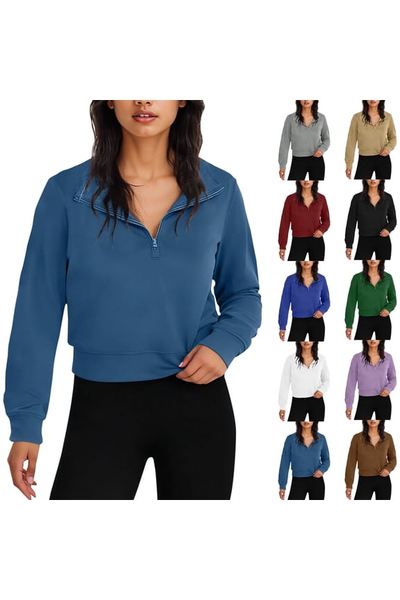 Long Sleeve Crop Tops for Women Trendy Collared Quarter Zip Pullover Workout Running T Shirts Fall Winter Lightweight Sweatshirt