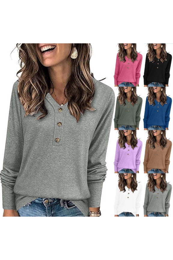 Long Sleeve Henley Shirts for Women Fall Winter Fashion Solid V Neck Blouses Lightweight Pullover Sweatshirts Going Out Tops