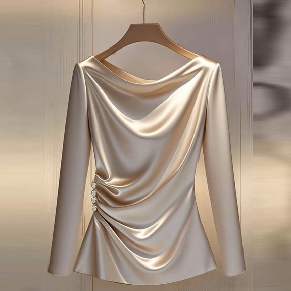 LWITHSZG Long Sleeve Shirts for Women Dressy Casual Draped Silk Satin Blouses Office Business Button Side Ruched Going Out Tops S-XXL