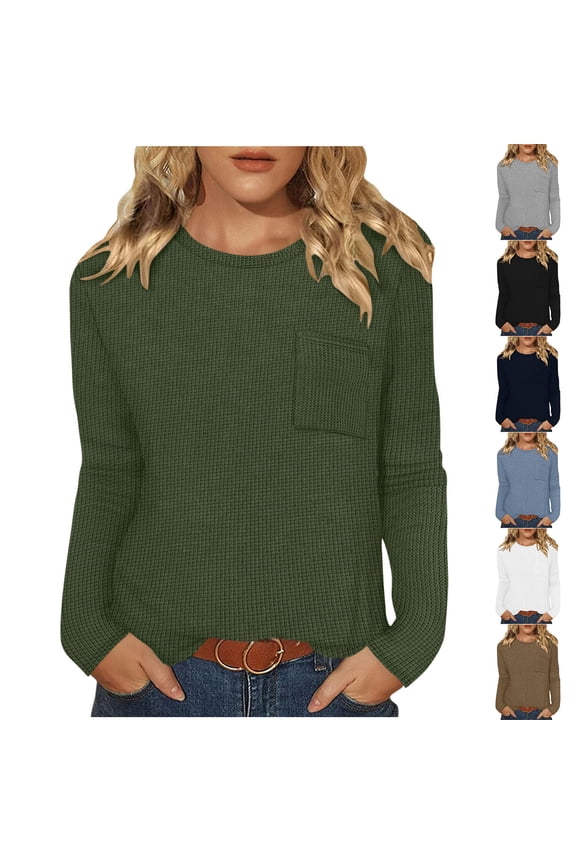 Long Sleeve Shirts for Women Fall Winter Fashion Waffle Knit Tops Casual Loose Lightweight Basic Tees Comfy Going Out Blouses