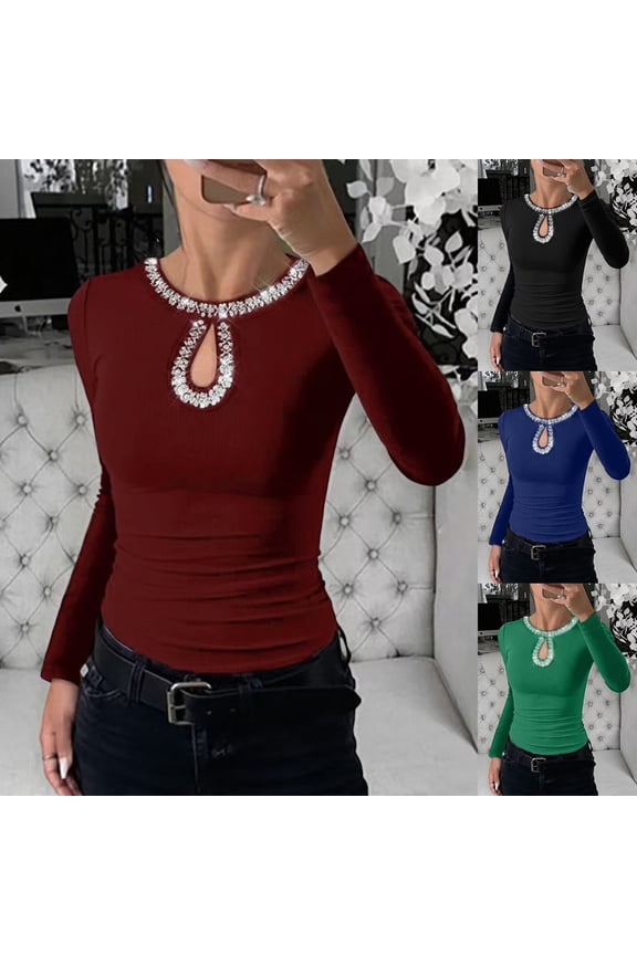 Long Sleeve Shirts for Women Rhinestone Sequin Keyhole Neck Blouses Fall Winter Fashion Going Out Tops Ribbed Knit Slim Fitted Pullover
