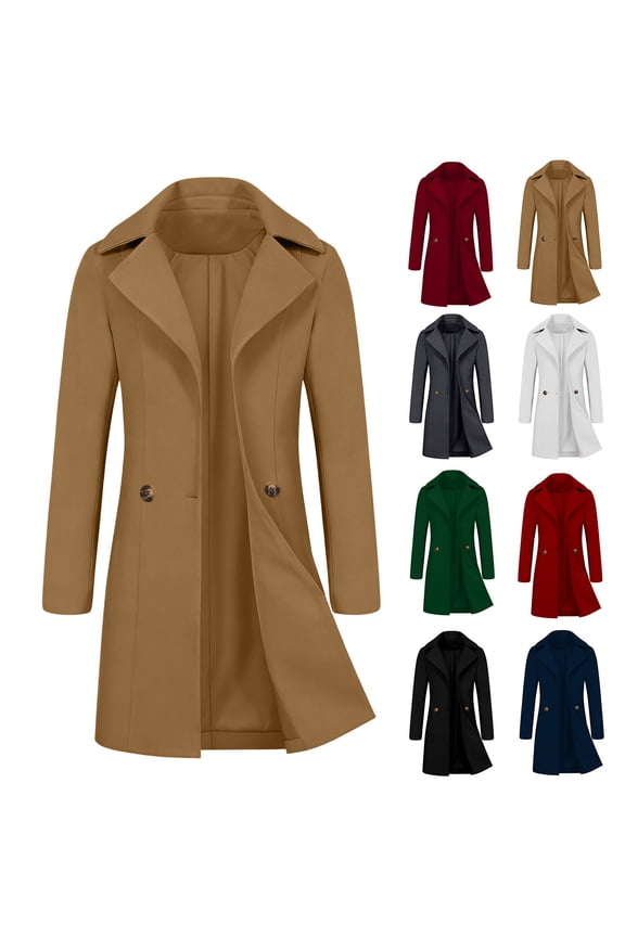 Long Wool Coats Women Double Breasted Notched Lapel Casual Dressy Jacket Long Sleeve Going Out Tops Fall Winter Fashion Pea Coat Size M