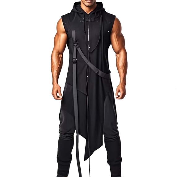 LWITHSZG Men Gothic Sleeveless Hooded Long Vest Asymmetric Split Hem Cross Strap Zipper Robe Irregular Tunic Tops Medieval Festival Outfits XL