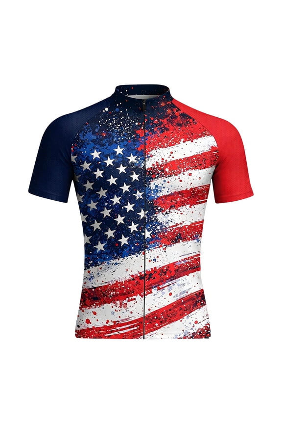 Mens Cycling Jersey USA Flag Themed Short Sleeve Full Zip up Graphic Tees Breathable Slim Fitted Plus Size Workout Tops S-5XL