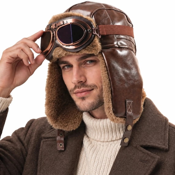 Weather Poway LWITHSZG Mens Faux Leather Trapper Hat with Goggles 2 Piece Sets ...