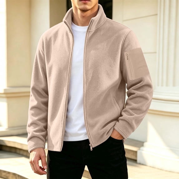LWITHSZG Mens Full Zip up Fleece Jacket Stand Collar Long Sleeve Jackets with Zipper Arm Pocket Casual Warm Plus Size Outdoor Outerwear 4X-Large