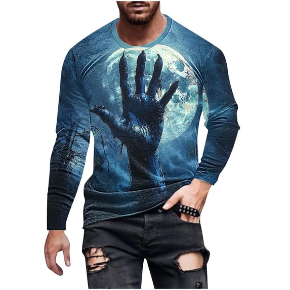 LWITHSZG Mens Halloween Shirts Horror Blood Splash Graphic Tees Plus Size Long Sleeve Festival Tops FallTrendy Crew Neck Basic T-shirt 3X-Large