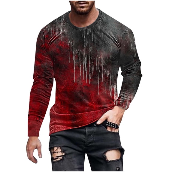 LWITHSZG Mens Halloween Shirts Horror Blood Splash Graphic Tees Plus Size Long Sleeve Festival Tops FallTrendy Crew Neck Basic T-shirt 4X-Large