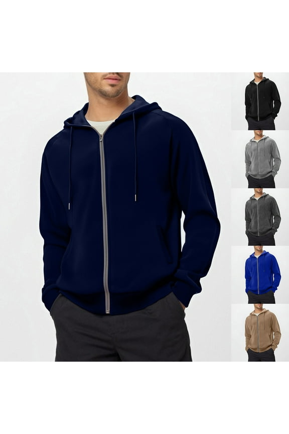 Mens Hoodie Trendy Solid Drawstring Zip up Jacket Long Sleeve Going Out Tops Fall Winter Fashion Athletic Casual Outerwear with Pockets