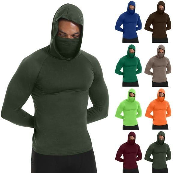 LWITHSZG Mens Hoodies with Mask Turtleneck Running Base Layer Top Sports Undershirts Hooded Sweatshirt Fall Spring Fashion Long Sleeve Shirts