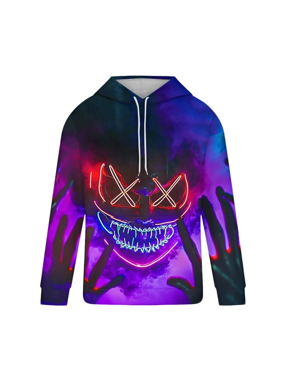 Mens Horror Halloween Sweatshirt Neon X Eyes Evil Grin Ghost Hands Graphic Hoodie Plus Size Long Sleeve Festival Tops L