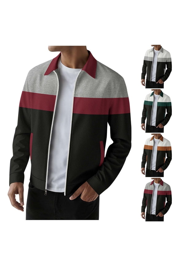 Mens Jacket Fashion Color Block Going Out Outerwear Fall Winter Long Sleeve Waffle Knit Tops Full Zip up Coats with Pockets Size S