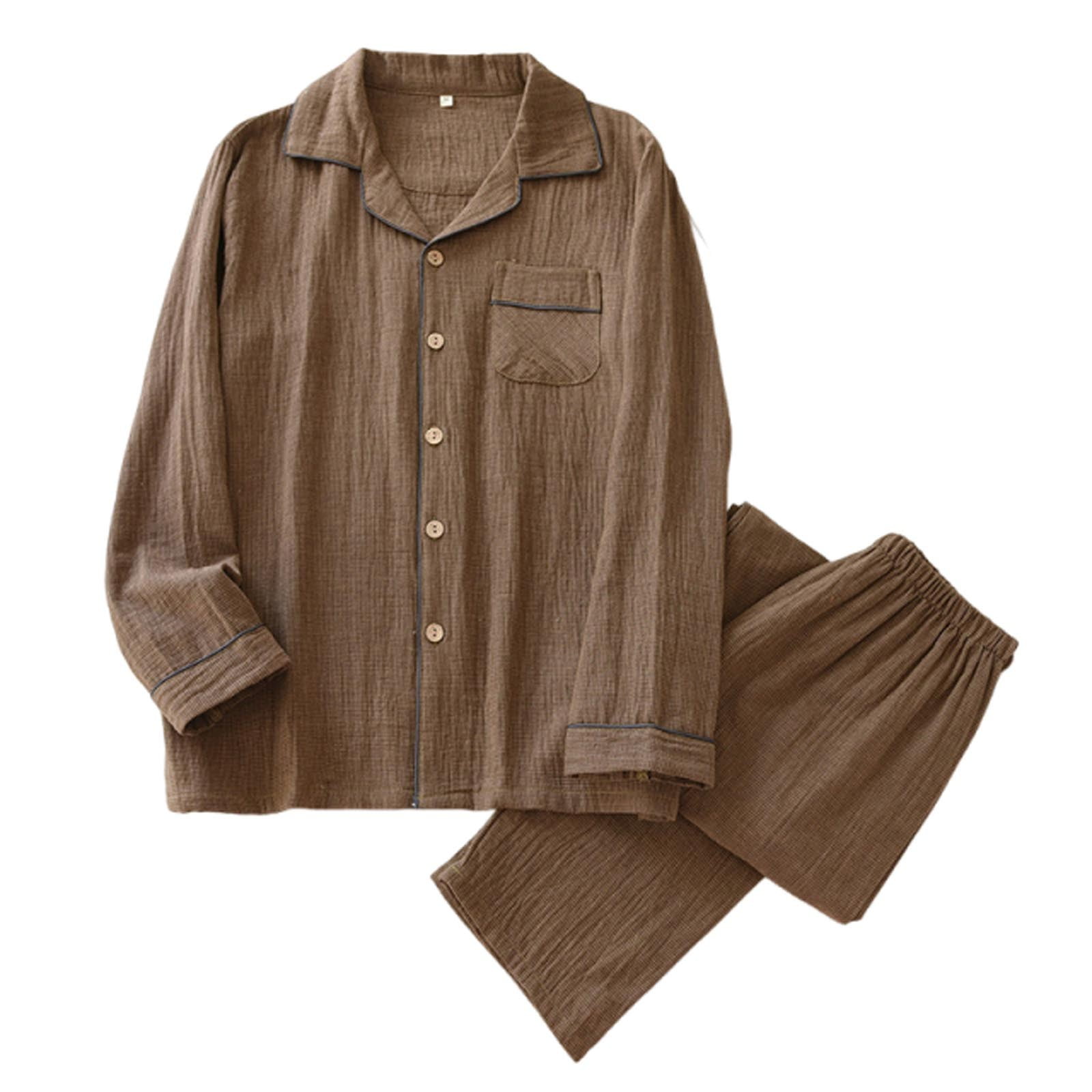 Mens Pajamas Set Cotton Lightweight Breathable Lounge Set Sleepwear Lapel Collar Long Sleeve Shirts Pj Pants 2 Piece Outfits