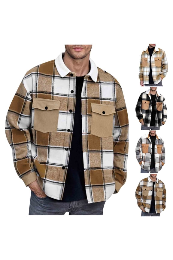 Mens Shacket Fall Winter Fashion Long Sleeve Button Down Plaid Jacket Going Out Wool Coat Lightweight Casual Outerwear with Pockets