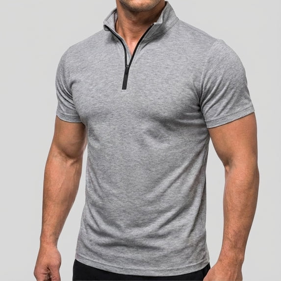 LWITHSZG Mens Shirts Trendy Mock Neck Quarter Zip Pullover Business Office Work Blouses Stretchy Slim Fitted Short Sleeve Tops S-XXXL