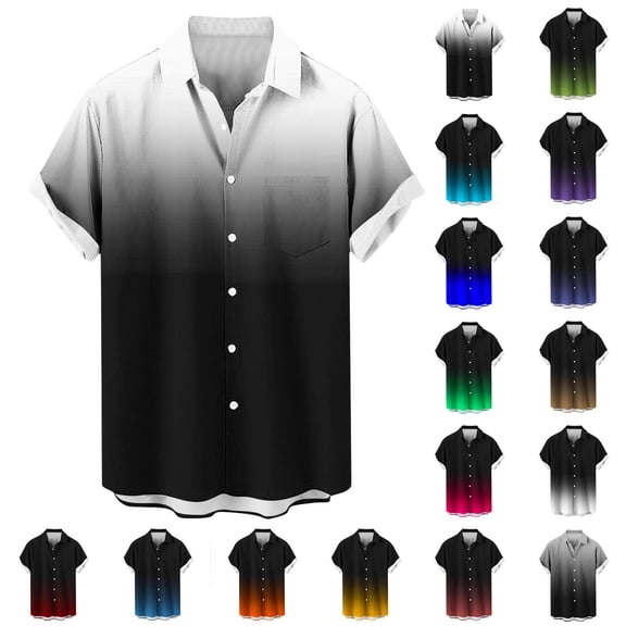 LWITHSZG Mens Short Sleeve Button Down Shirts Dressy Casual Gradient Collared Blouses Spring Summer Fashion Plus Size Tops with Pocket
