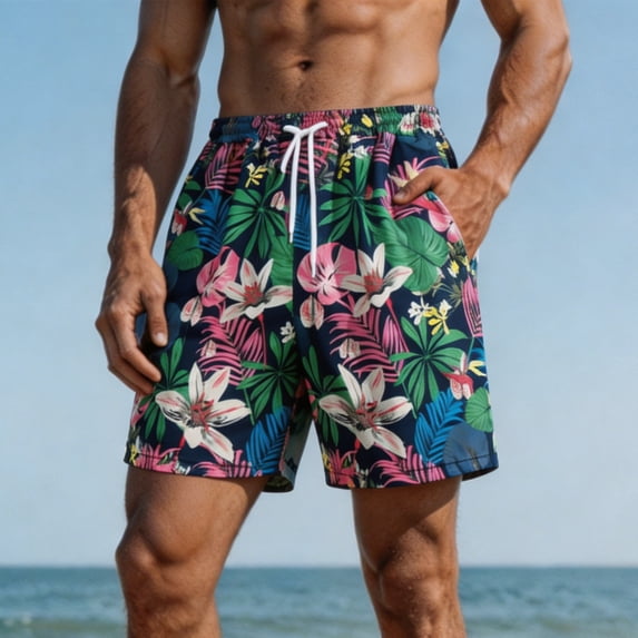 LWITHSZG Mens Swim Trunks Hawaiian Printed Beach Shorts Trendy Loose Fit Casual Pants Summer Bottoms with Pockets Vacation Outfits Size XL