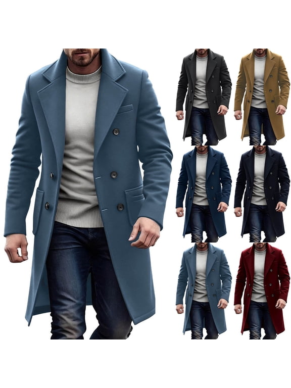 Mens Wool Coat Double Breasted Notched Lapel Trench Coats Long Sleeve Going Out Tops Fall Winter Casual Dressy Long Jacket