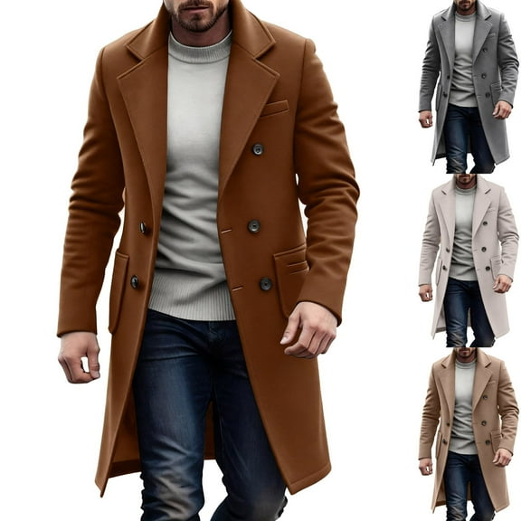 LWITHSZG Mens Wool Coat Double Breasted Notched Lapel Trench Coats Long Sleeve Going Out Tops Fall Winter Casual Dressy Long Jacket