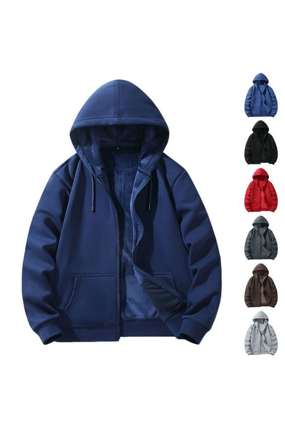Mens Zip up Hoodie Thickened Warm Fleece Lined Fall Jackets Long Sleeve Casual Outerwear Trendy Solid Winter Coats with Pockets Size 5X-Large
