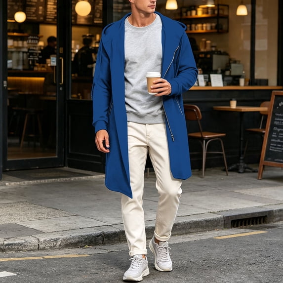 LWITHSZG Mens Zip up Hoodie Mid Length Drawstring Trench Coat Trendy Loose Fit Long Sleeve Lightweight Fall Jackets S