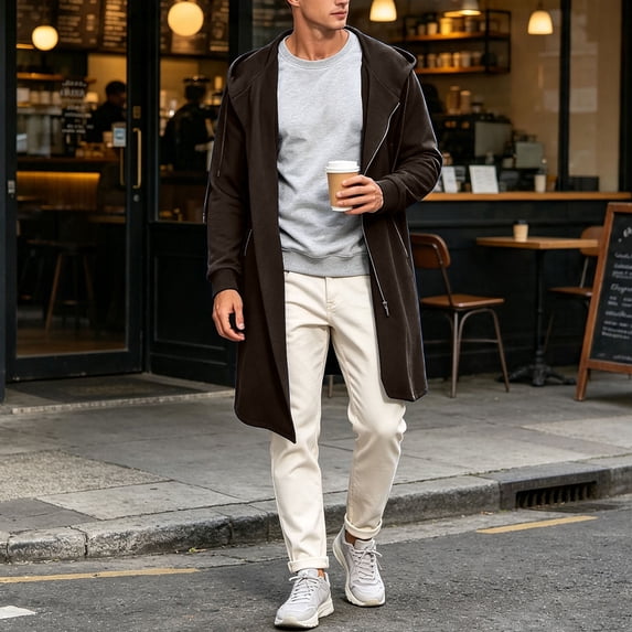 LWITHSZG Mens Zip up Hoodie Mid Length Drawstring Trench Coat Trendy Loose Fit Long Sleeve Lightweight Fall Jackets S