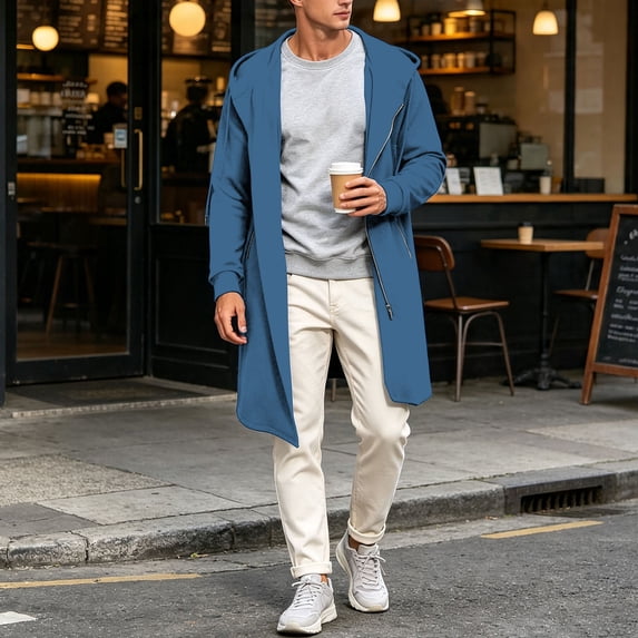 LWITHSZG Mens Zip up Hoodie Mid Length Drawstring Trench Coat Trendy Loose Fit Long Sleeve Lightweight Fall Jackets XL