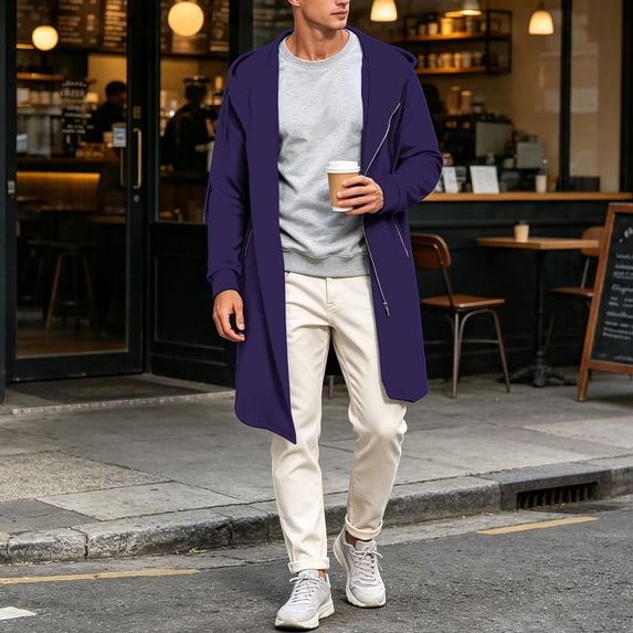 LWITHSZG Mens Zip up Hoodie Mid Length Drawstring Trench Coat Trendy Loose Fit Long Sleeve Lightweight Fall Jackets XXL