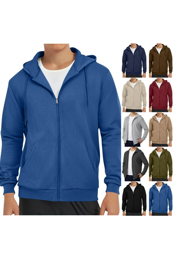 Mens Zip up Hoodie Trendy Solid Drawstring Jacket Fall Winter Long Sleeve Going Out Tops Casual Loose Outerwear with Pockets