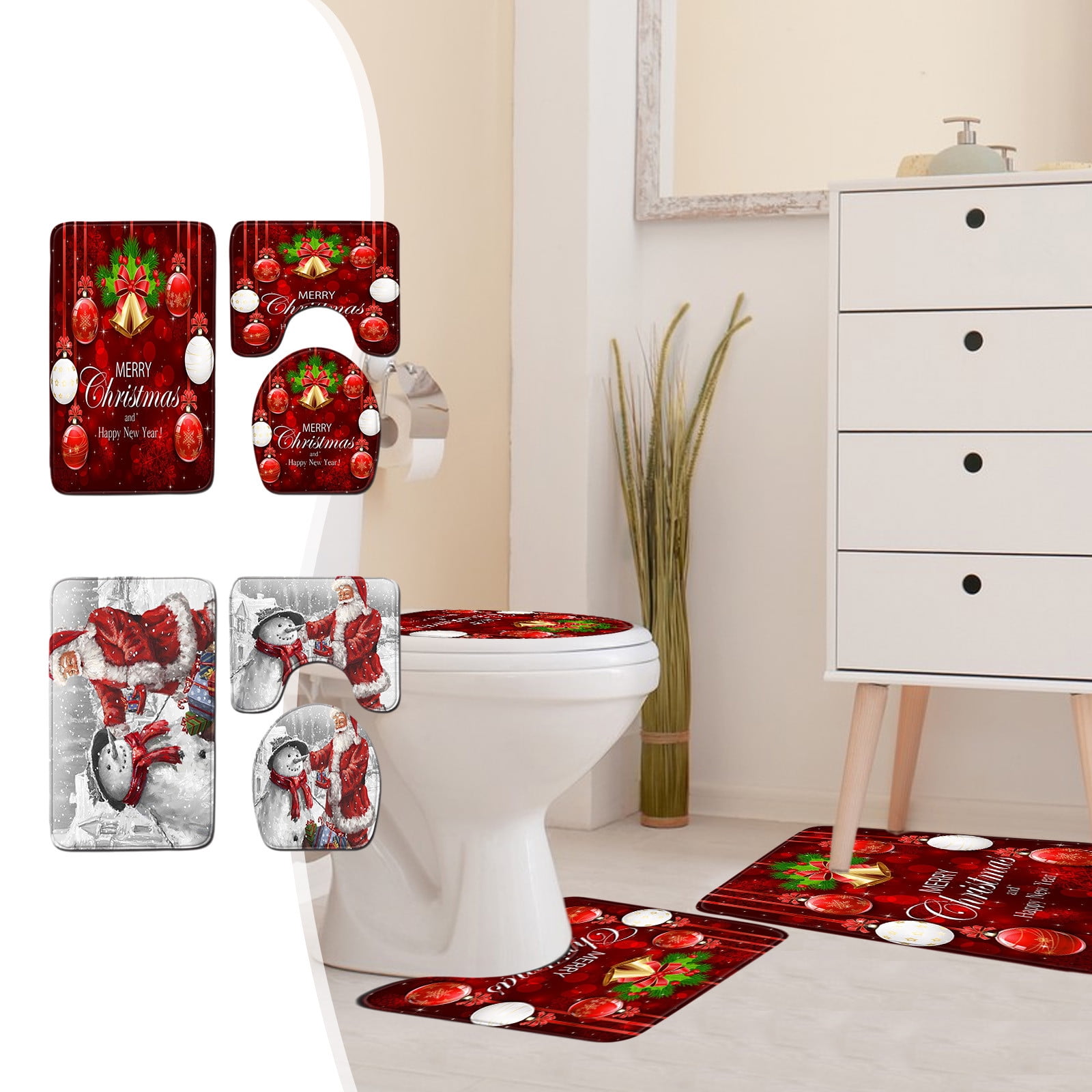 LWITHSZG Merry Christmas Bathroom Mat Set with Rug Carpet Contour Lid