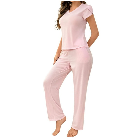 snilers Pajamas for Women Set Fall Fashion Lounge Sets V Neck Short Sleeve Shirts Straight Leg Pj Pants 2 Piece Outfits Lightweight Matching Pjs Sets