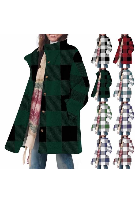 Plaid Jacket for Woman Fall Winter Fashion Trench Coat Comfy Warm Long Sleeve Going Out Tops Casual Outerwear with Pockets Size L