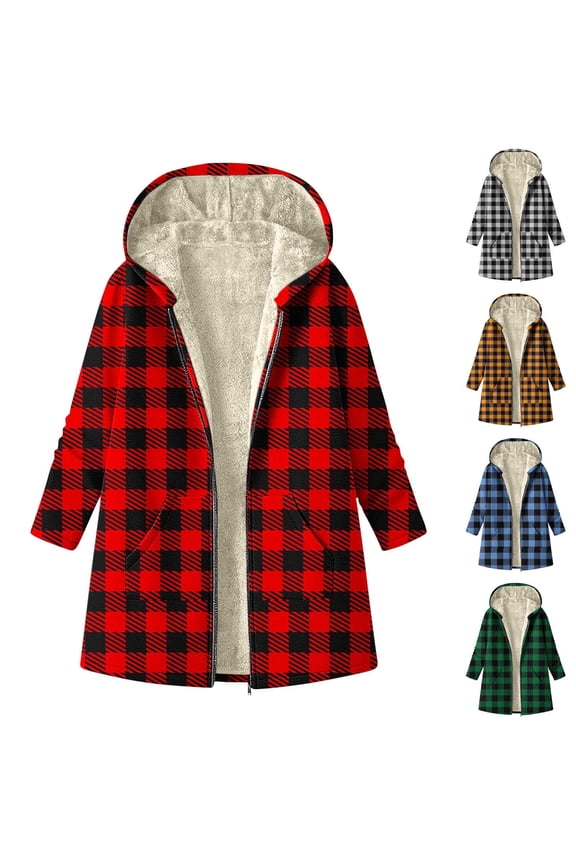 Plaid Shacket Women Thickened Warm Fleece Lined Jacket Long Sleeve Going Out Tops Fall Winter Zip up Hoodie with Pockets Size L